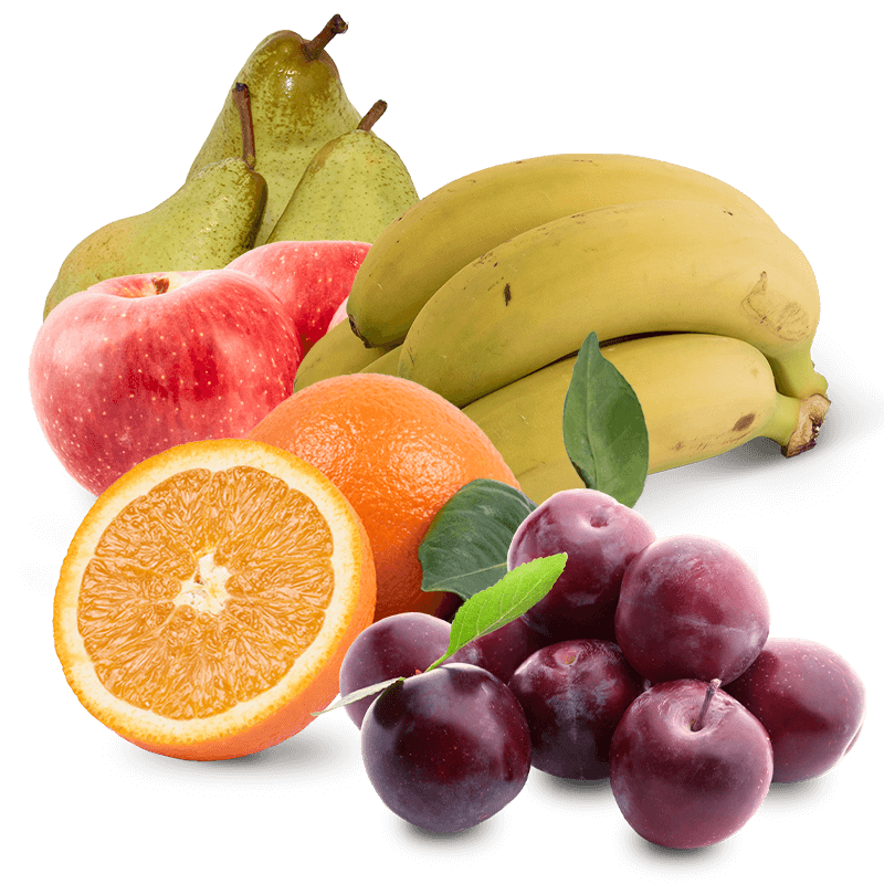 Cesta Ciruelas, Manzanas, Peras Condesa, Plátanos y Naranjas de zumo