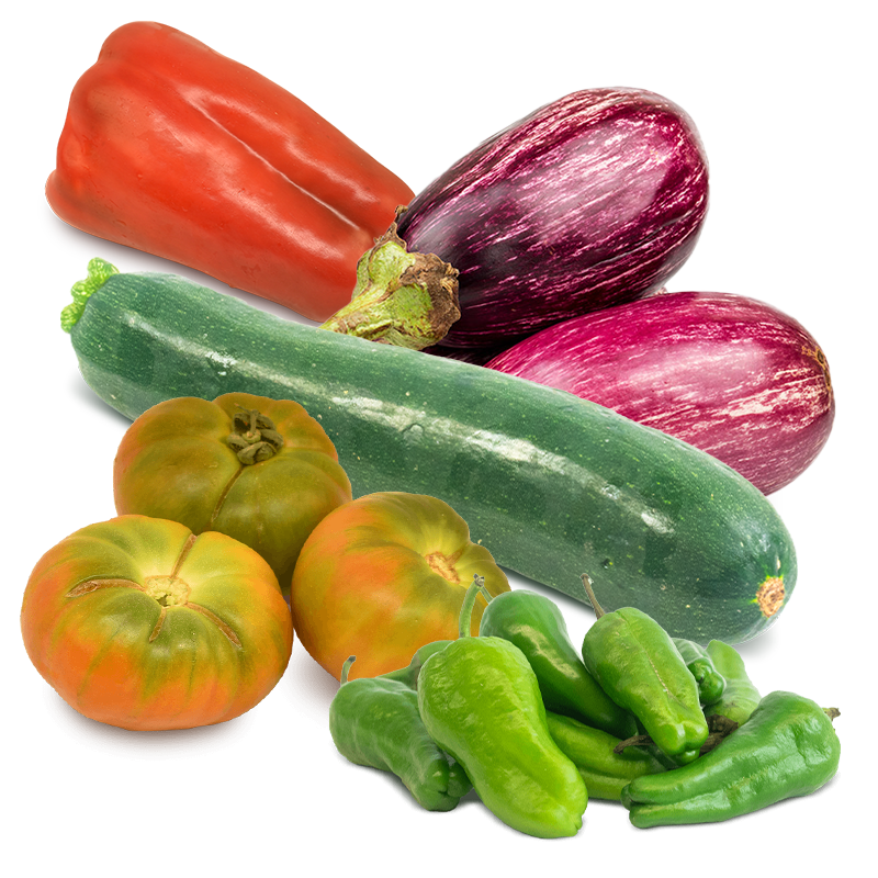 Cesta tomates, calabacín, berenjena, pimiento rojo y pimientos padrón