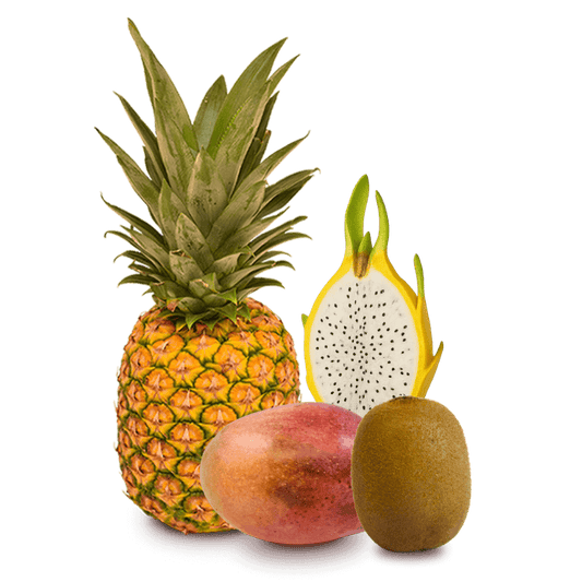 Cesta de Pina, Mangos, Kiwis y Pitahaya amarilla