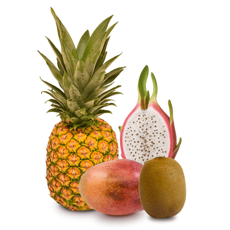 Cesta de Pina, Mangos, Kiwis y Pitahaya blanca