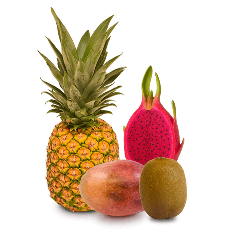 Cesta de Pina, Mangos, Kiwis y Pitahaya roja