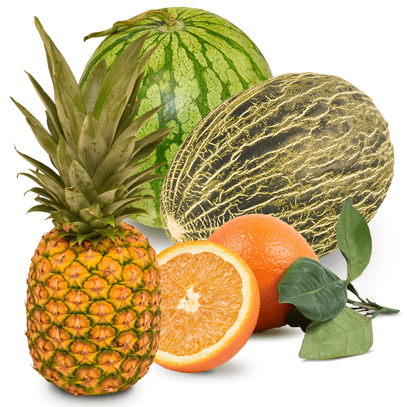 Cesta Melón, Sandía, Piña y Naranjas de zumo