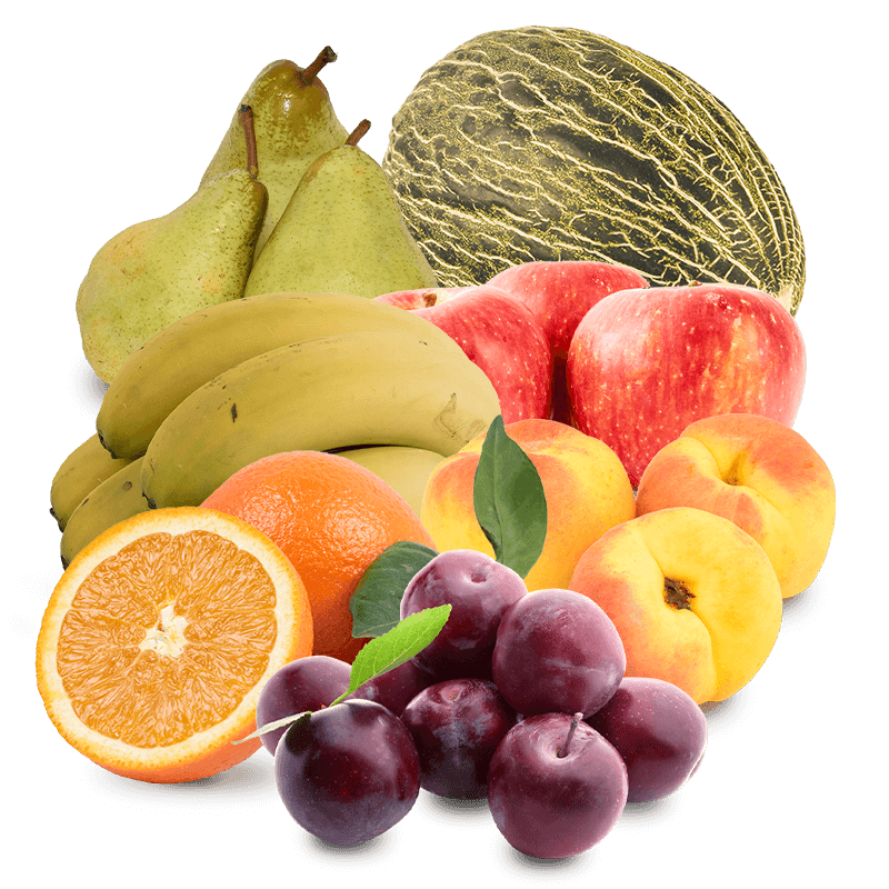 Cesta Melón, Manzanas, Peras, Plátanos, Naranjas de zumo, Albaricoques y Ciruelas