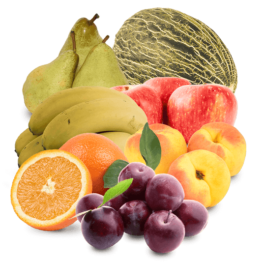 Cesta Melón, Manzanas, Peras, Plátanos, Naranjas de zumo, Albaricoques y Ciruelas