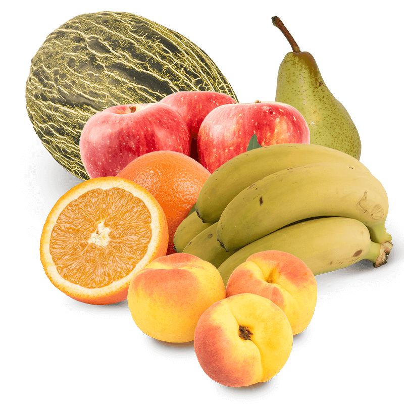 Cesta Melón, Manzanas, Peras Condesa, Plátanos, Naranjas de zumo y Albaricoques