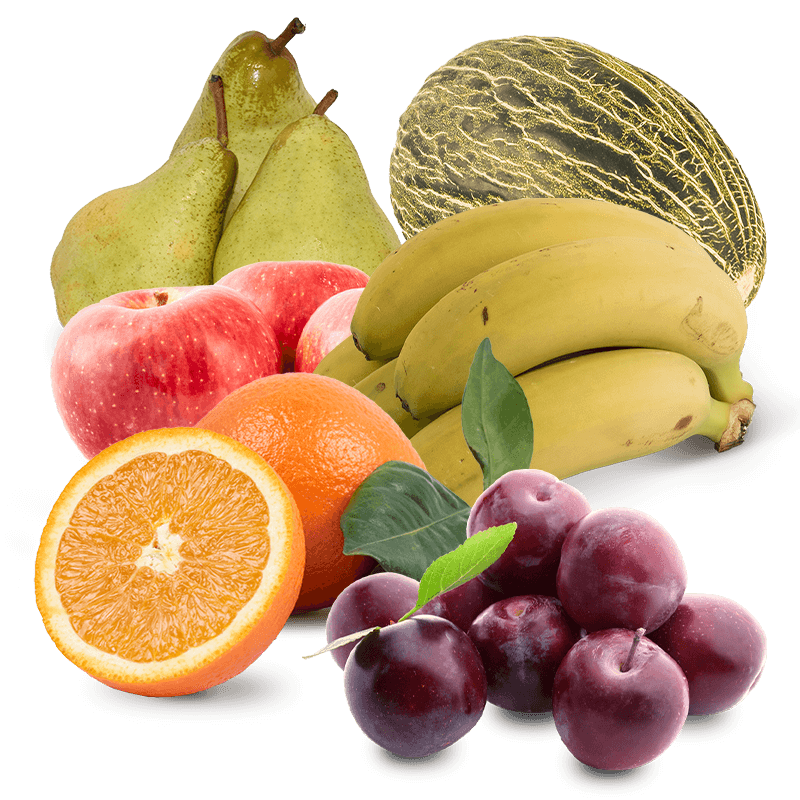 Cesta Melón, Manzanas, Peras Condesa, Plátanos, Naranjas de zumo y Ciruelas
