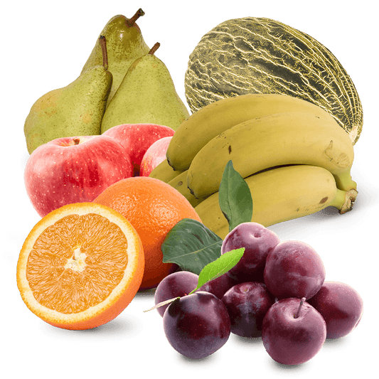 Cesta Melón, Manzanas, Peras Condesa, Plátanos, Naranjas de zumo y Ciruelas