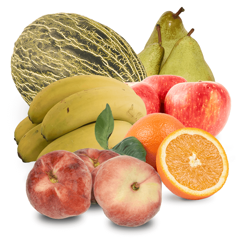 Cesta Melón, Manzanas, Peras, Plátanos, Naranjas de zumo y Paraguayos