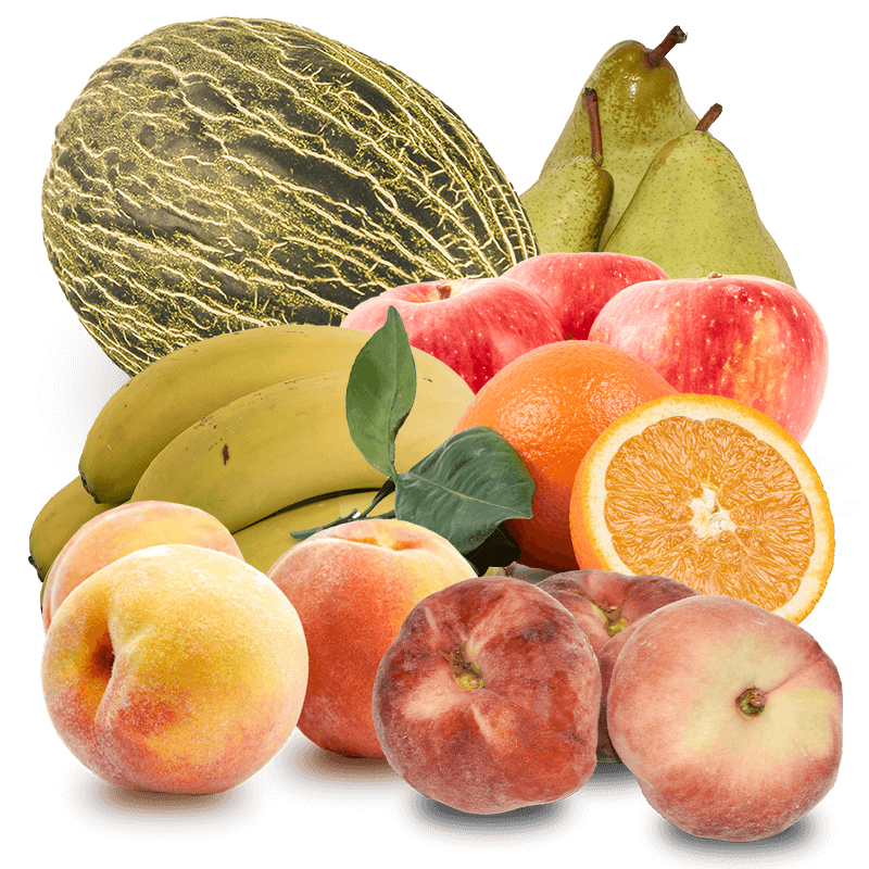 Cesta Melón, Manzanas, Peras Condesa, Plátanos, Naranjas de zumo, Melocotones y Paraguayos