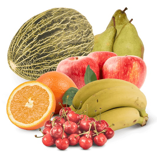 Cesta Melón, Peras, Manzanas, Plátanos, Naranjas de zumo y Cerezas
