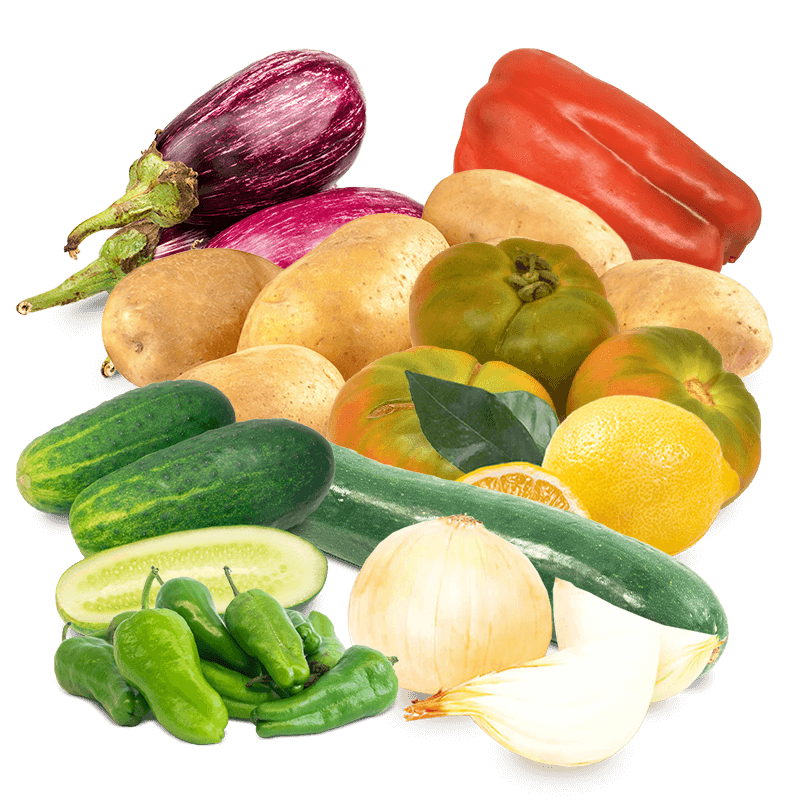 Cesta Patatas, Cebolla, Pepinos, Tomate, Berenjena, Calabacín, Limones, Pimiento Rojo y Pimiento de padrón