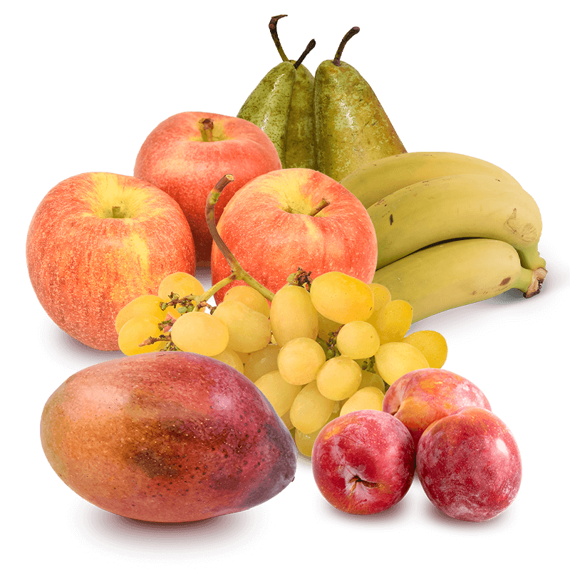 Cesta Uva blanca, Ciruela roja, Manzana, Pera, Plátanos y Mango