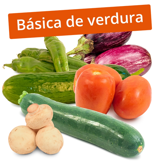 Cesta Tomate, Champiñón, Calabacín, Pepino, Berenjena y Pimiento verde