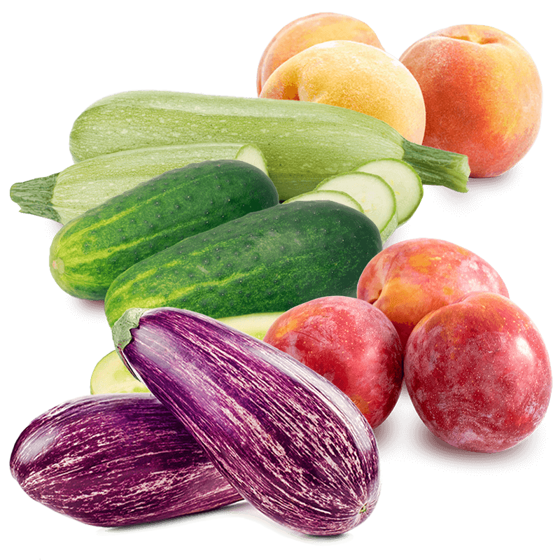 Cesta Ciruelas Rojas, Melocotones, Calabacines, Pepinos y Berenjenas - FrutaMare