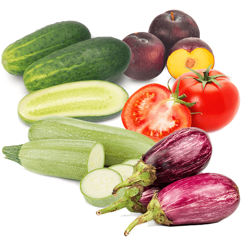 Cesta Ciruela, Tomate Valenciano de Ensalada, Pepino, Calabacín y Berenjena - FrutaMare