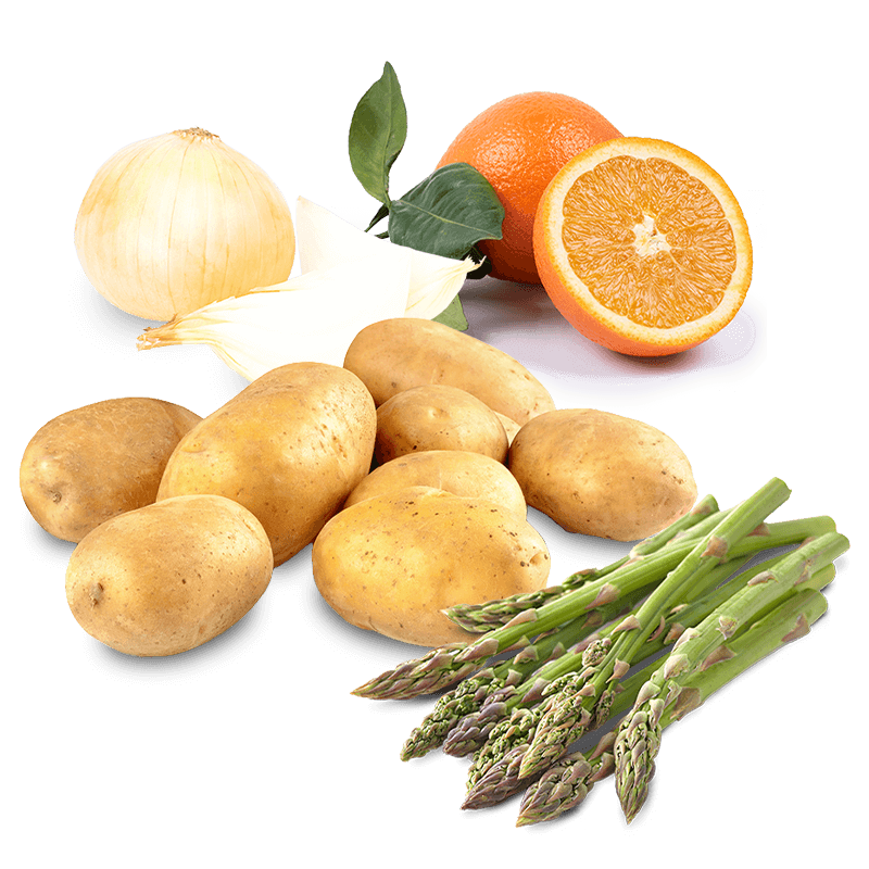 Cesta Naranjas de Zumo, Patatas, Cebollas y Espárragos Verdes - FrutaMare