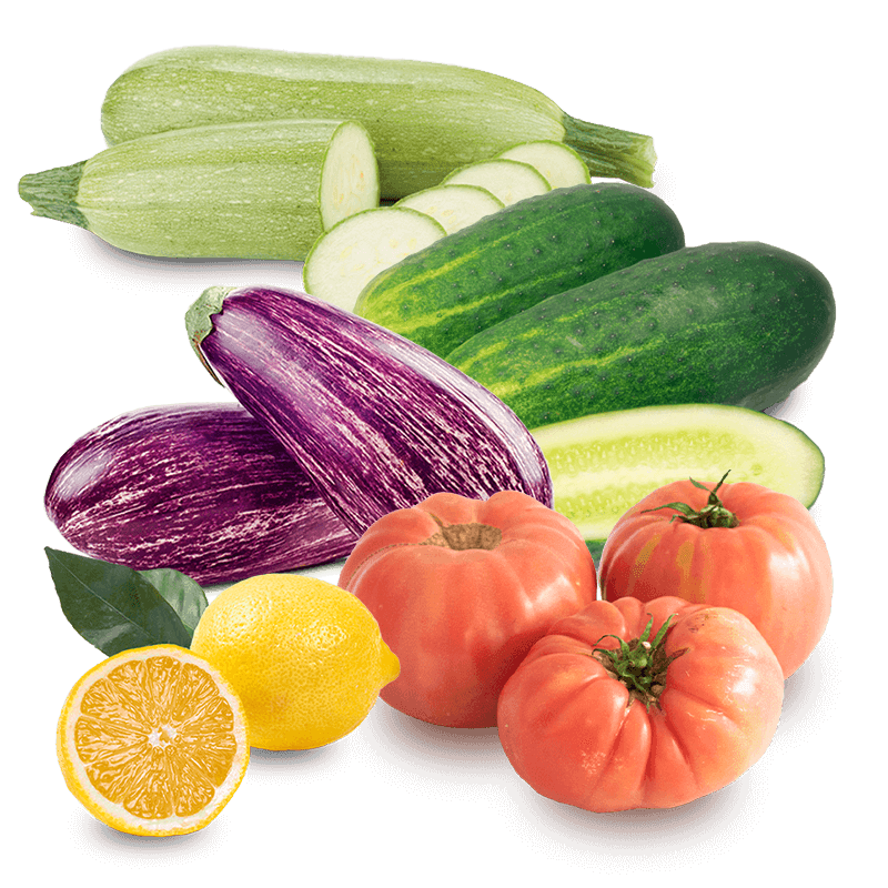 Cesta Tomates Rosa, Pepinos, Calabacines, Berenjenas y Limones - FrutaMare