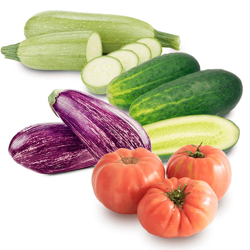 Cesta Tomates Rosa, Pepinos, Calabacines y Berenjenas - FrutaMare