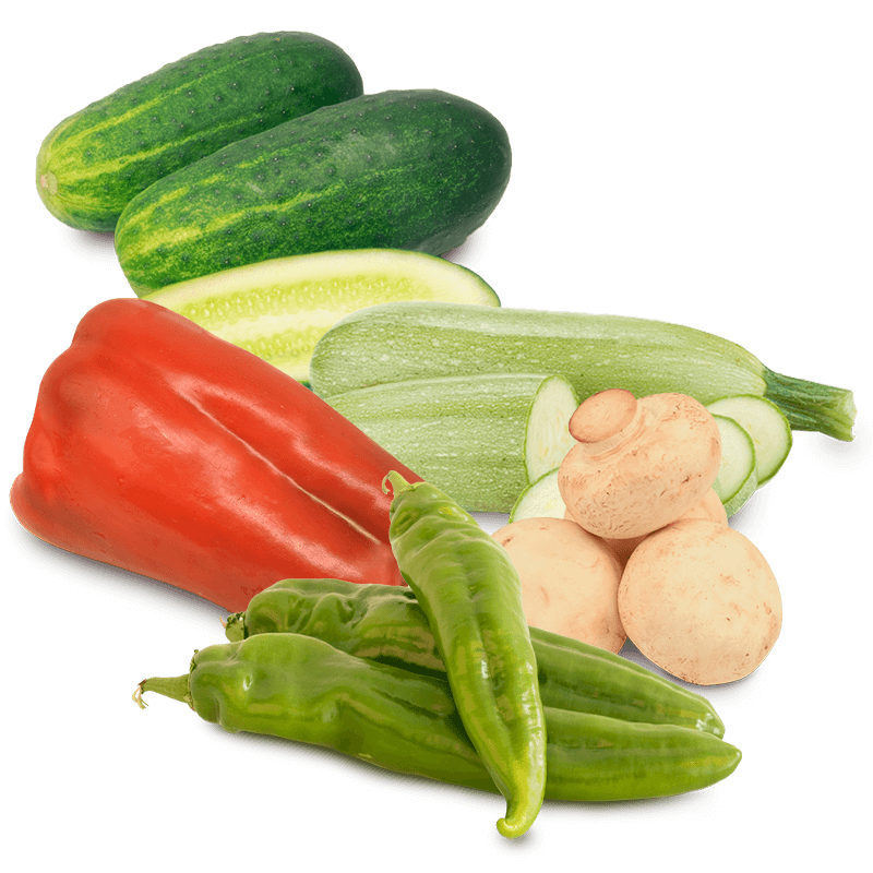 Cesta Champiñon, Calabacín, Pepino, Pimiento Rojo y Pimiento Verde - FrutaMare