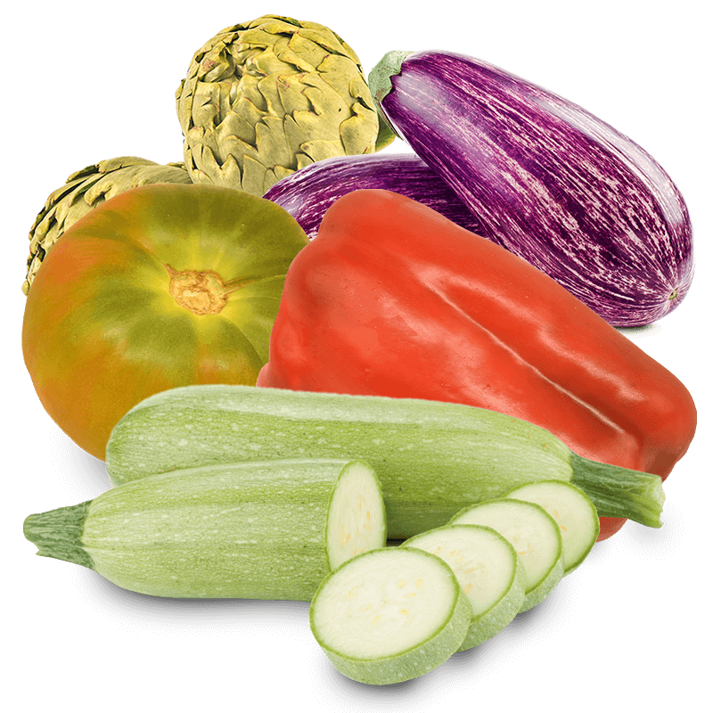 Cesta Alcachofas, Tomate Valenciano de Ensalada, Calabacín, Berenjena y Pimiento rojo - FrutaMare