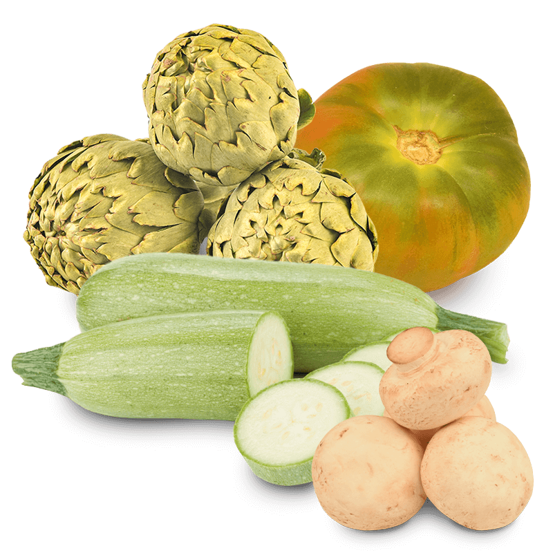 Cesta Alcachofas, Tomate Valenciano de Ensalada, Calabacín y Champiñones - FrutaMare