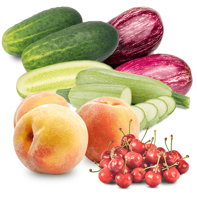 Cesta Cerezas, Melocotones, Calabacines, Pepinos y Berenjenas - FrutaMare