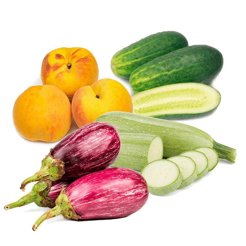 Cesta Melocotones, Calabacines, Pepinos y Berenjenas - FrutaMare