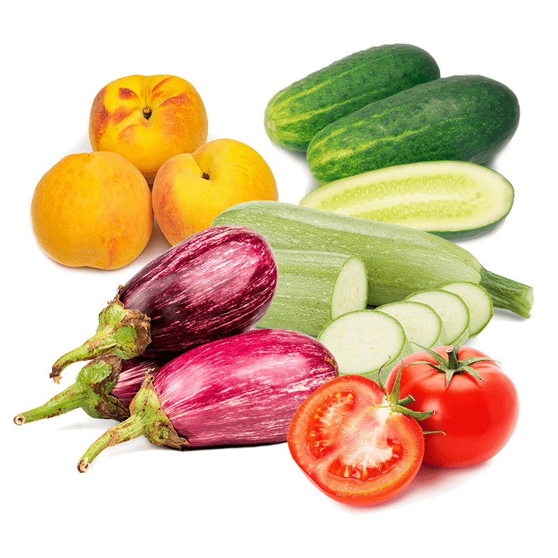 Cesta Melocotón, Tomate, Calabacín, Pepino y Berenjena - FrutaMare