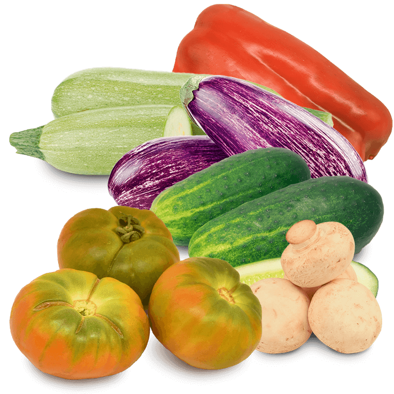 Cesta Tomates Valencianos de Ensalada, Pepinos, Calabacines, Berenjenas, Champiñones y Pimiento Rojo - FrutaMare