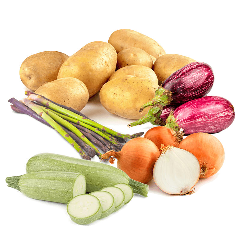 Cesta Patatas, Cebolla, Calabacín, Berenjena y Espárrago Verde - FrutaMare