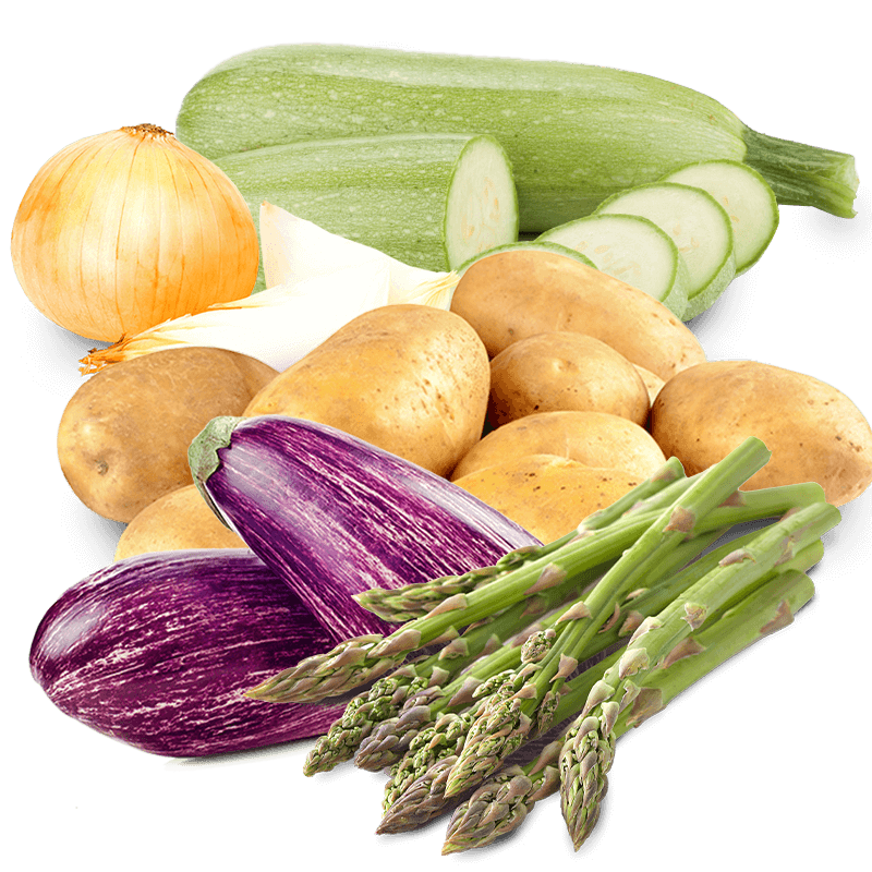 Cesta Patatas, Cebollas, Calabacines, Berenjenas y Espárragos Verdes - FrutaMare