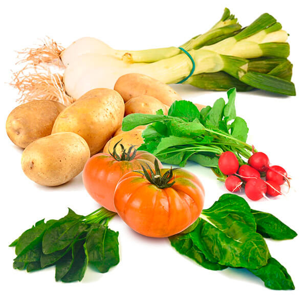 Cesta Patatas, Cebolla Tierna, Tomates, Acelgas, Espinacas y Rábanos - FrutaMare