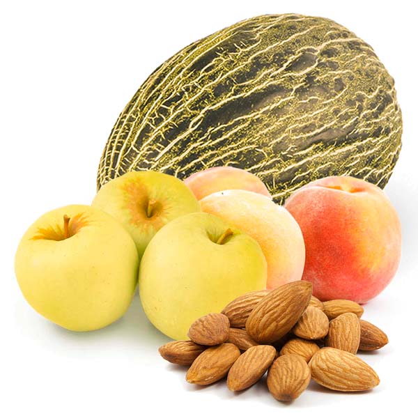 Cesta Manzanas Golden, Melocotones, Melón y Almendras - FrutaMare