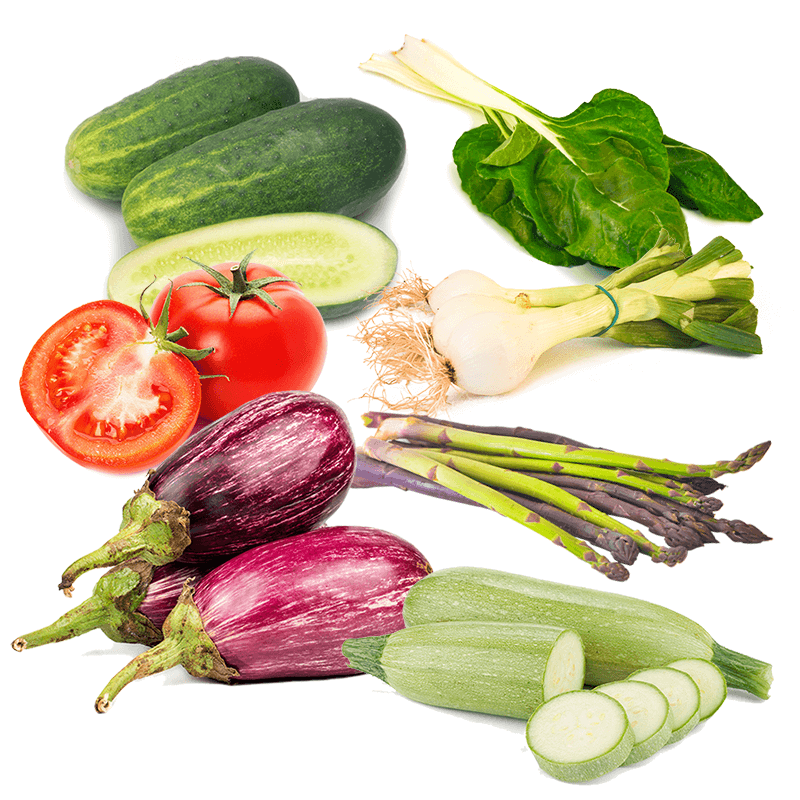 Cesta Tomate Valenciano Ensalada, Pepinos, Calabacín, Berenjenas, Cebolla tierna, Espárragos verdes y Acelgas - FrutaMare