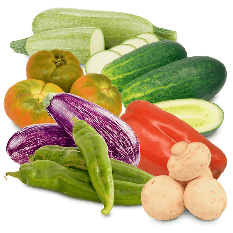 Cesta Mini Tomate Valenciano Ensalada, Pepinos, Calabacín, Berenjenas, Champiñones, Pimiento Rojo y Pimiento Verde - FrutaMare