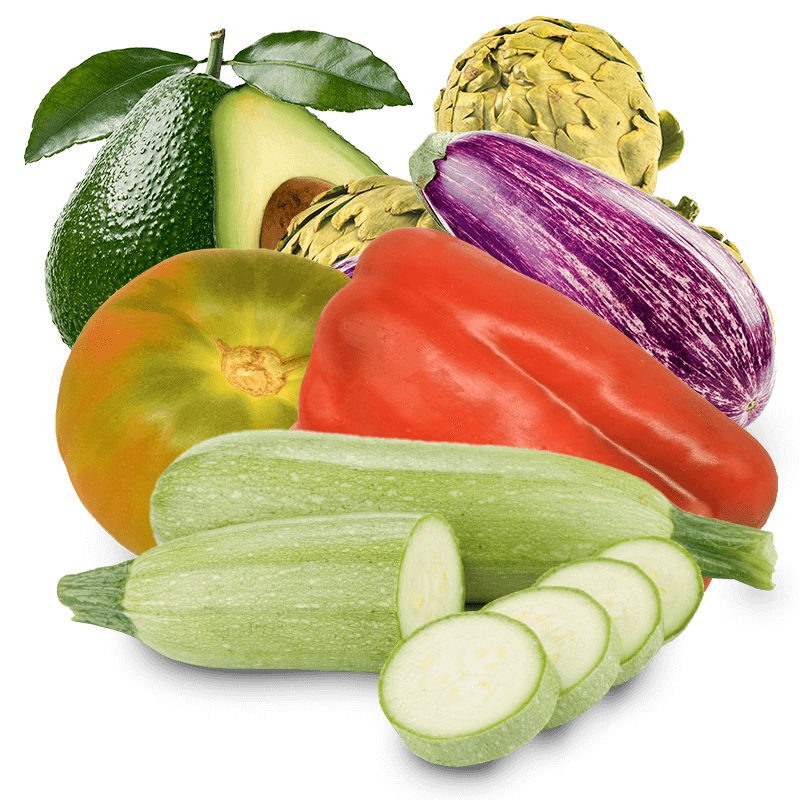 Cesta Mini Tomate Valenciano de Ensalada, Calabacín, Berenjena, Aguacate, Alcachofas y Pimiento Rojo - FrutaMare