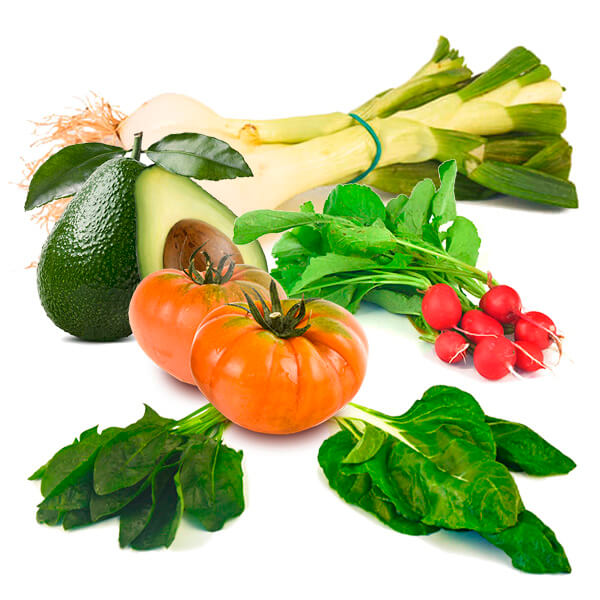 Cesta Tomate, Aguacates, Cebolla Tierna, Acelgas, Espinacas y Rábanos - FrutaMare