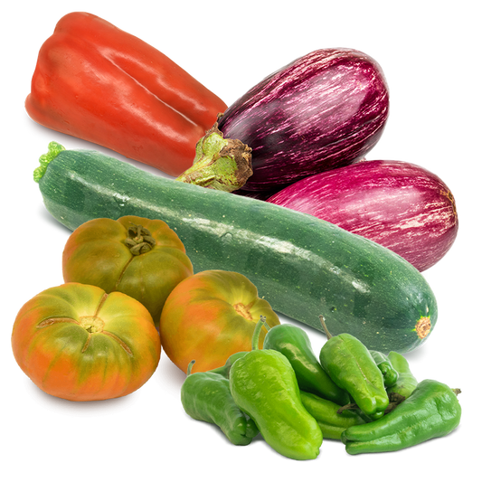Cesta tomates, calabacín, berenjena, pimiento rojo y pimientos padrón