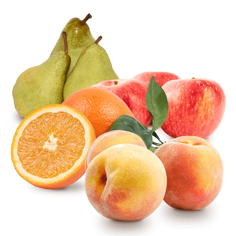 Cesta Melocotones, Manzanas, Peras Condesa y Naranjas de zumo