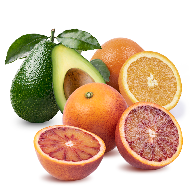 Cesta Naranja de calibre pequeño, Naranja sanguina baby y Aguacate baby