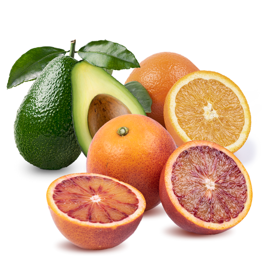 Cesta Naranja de calibre pequeño, Naranja sanguina baby y Aguacate baby