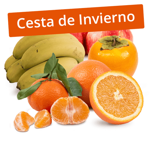 Cesta Invierno, Persimón, Manzanas rojas, Plátanos, Mandarinas y Naranjas