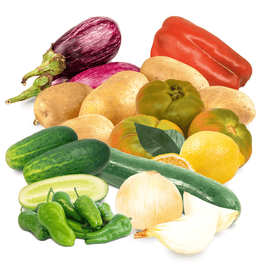 Cesta Patatas, Cebolla, Pepinos, Tomate, Berenjena, Calabacín, Limones, Pimiento Rojo y Pimiento de padrón
