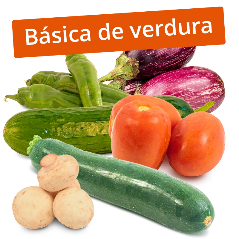 Cesta Tomate, Champiñón, Calabacín, Pepino, Berenjena y Pimiento verde