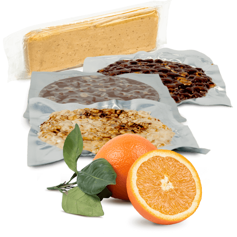 Cesta Naranja de mesa 10Kg, 1 Turrón Guirlache, 1 Turrón de Chocolate, 1 Turrón Blando  y 1 Turrón Duro