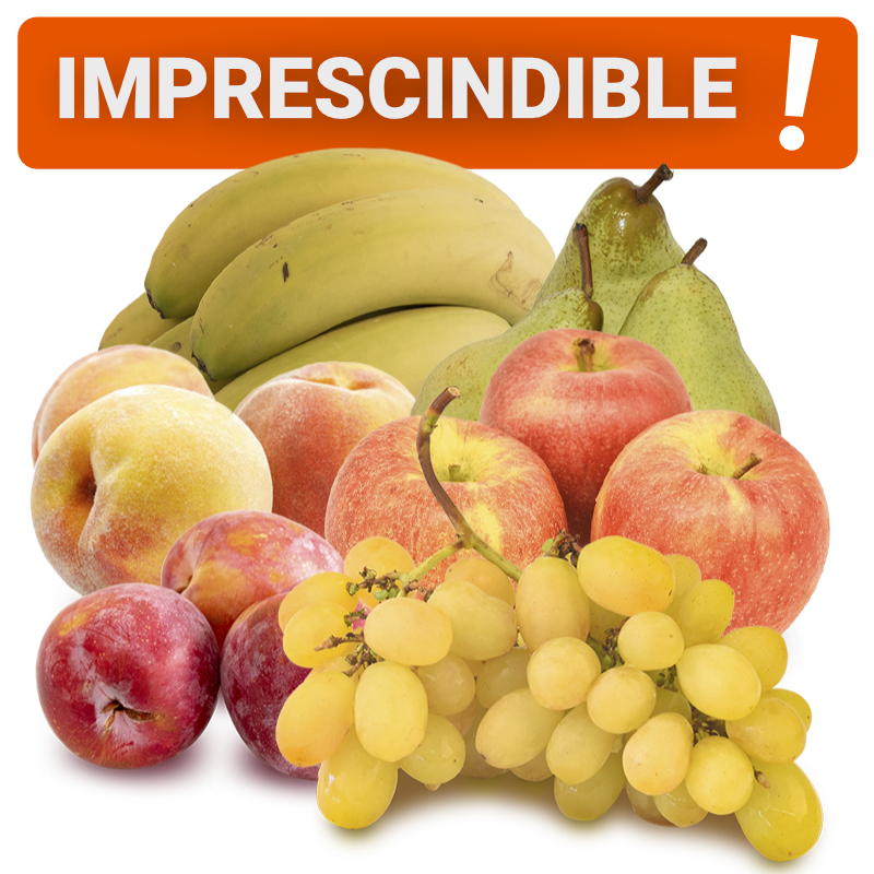 Cesta Uva Blanca, Ciruela roja, Manzanas, Peras, Plátanos y Melocotones