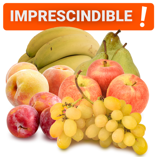 Cesta Uva Blanca, Ciruela roja, Manzanas, Peras, Plátanos y Melocotones