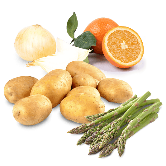 Cesta Naranjas de Zumo, Patatas, Cebollas y Espárragos Verdes - FrutaMare
