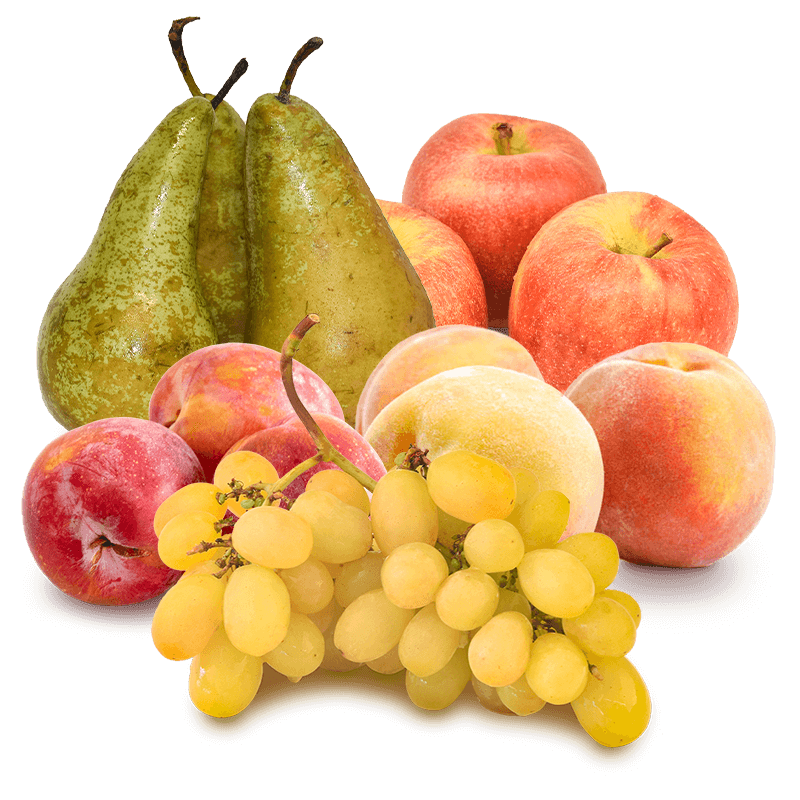 Cesta Mini Uva blanca, Ciruelas, Manzanas, Pera conferencia y Melocotones - FrutaMare