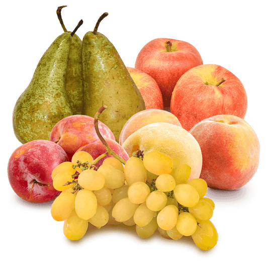 Cesta Mini Uva blanca, Ciruelas, Manzanas, Pera conferencia y Melocotones - FrutaMare